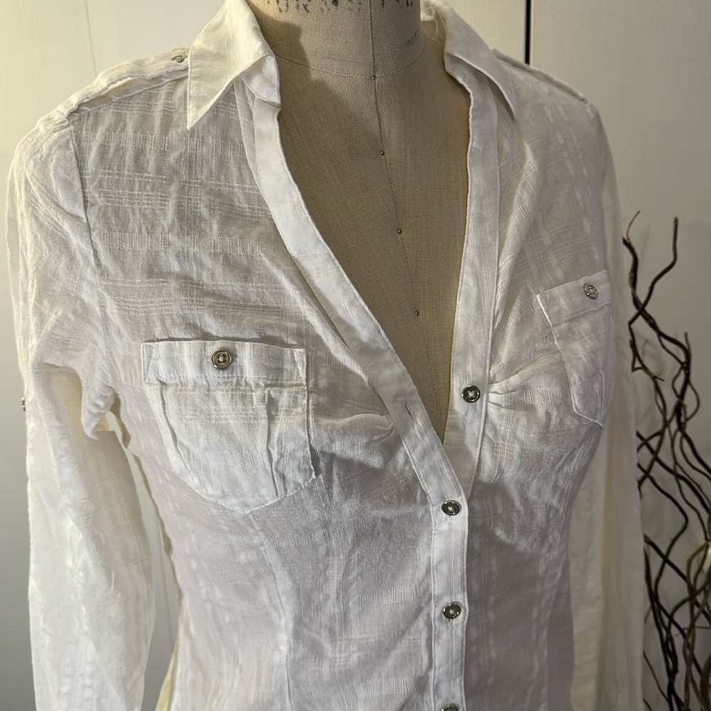 White House Black Market sheer long sleeve white button down - Picture 2 of 7